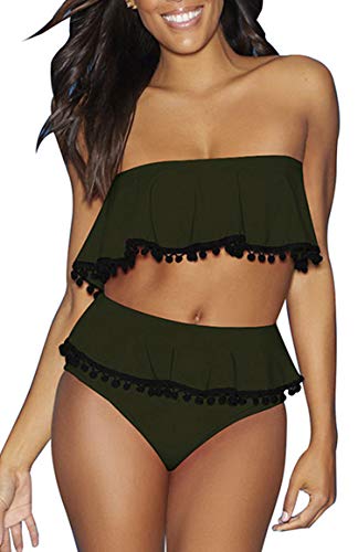 Mujer Traje de BaÃ±o Volantes Borla Tops con Pompon Fuera del Hombro Bikini de Dos Piezas Ropa de Playa de Cintura Alta Verde Militar L